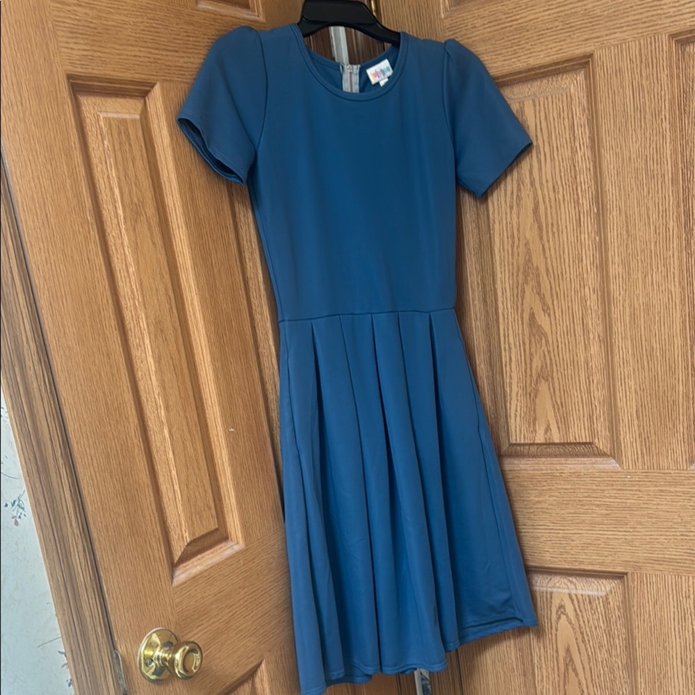 Blue Pleated A-Line Dress with Crew Neck